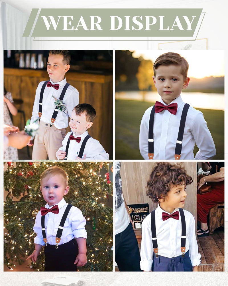 WELROG Child Boys and Girls Adjustable Silk Bowties & Suspender Sets Y Back Metal Clips Genuine Leather Suspenders (Navy + Burgundy bowtie - Image 2